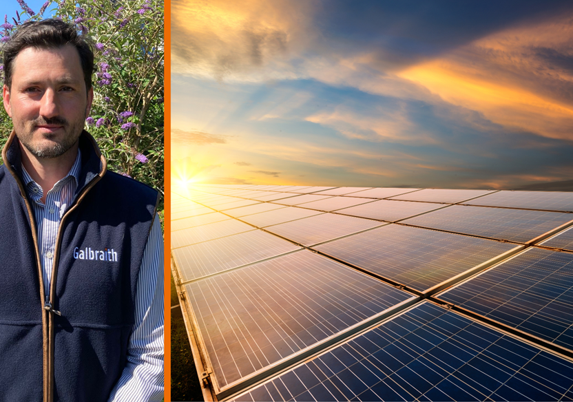 On the left: A head shot of Larry Irwin. On the right: A stock image of a solar farm.